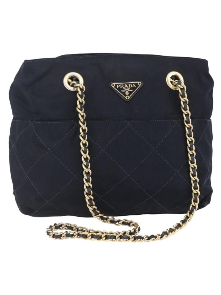 Authentic Prada Chain Shoulder Bag Nylon Navy Gold